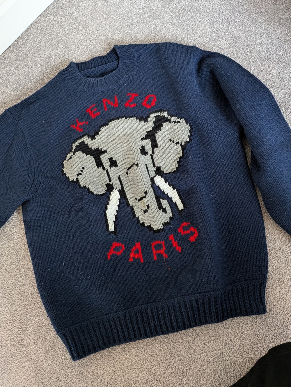 Kenzo Navy Sweater with Gray Elephant and Red Logo